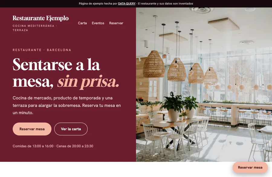 Screenshot of the demo website for a restaurant