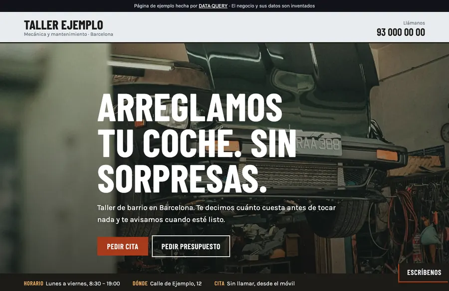 Screenshot of the demo website for a car workshop