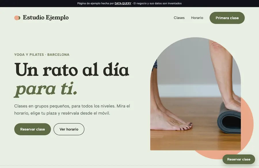 Screenshot of the demo website for a yoga and pilates studio